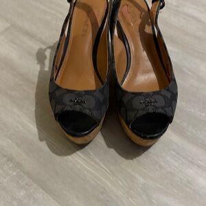 Women's Black and Brown Peep-Toe Coach Wedges